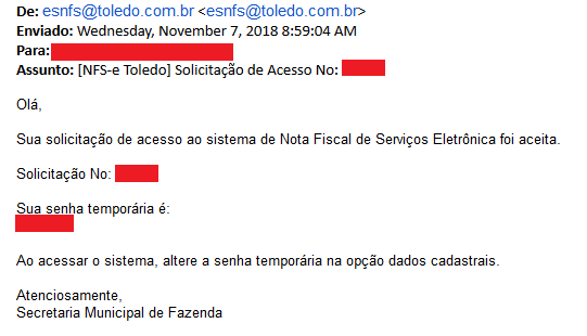 Corpo do e-mail com senha temporária de acesso