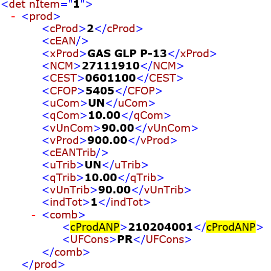 Localizar código ANP no arquivo XML